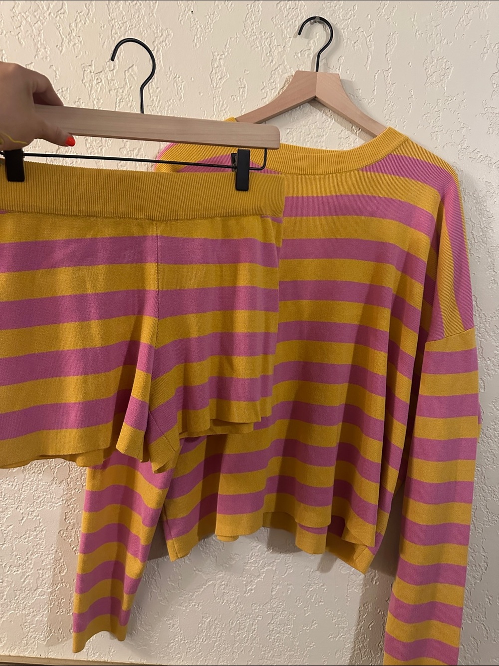 Striped Knit Sweater & Shorts Set - Mustard Yellow and Pink